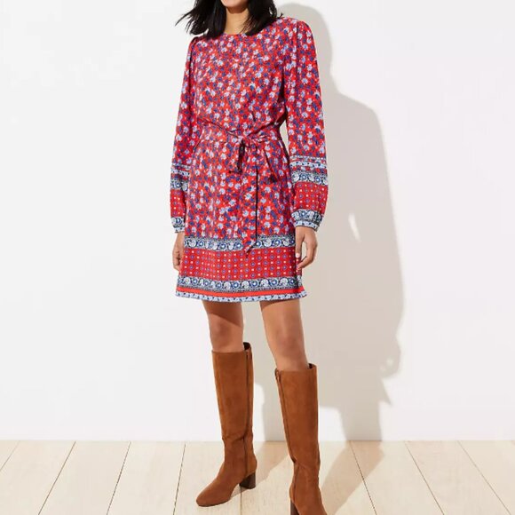 Loft Women Orange Blue Floral Boho Long Puff Sleeve Tie Waist Dress Small Petite - Picture 9 of 11